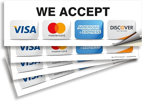 iSYFIX Credit Card Sticker Signs Stickers For Inside the Window or Glass Door 4 Pack 9x 3 Inch - We Accept Visa, MasterCard, Amex & Discover, Adhesive Vinyl Labels for Stores and Businesses