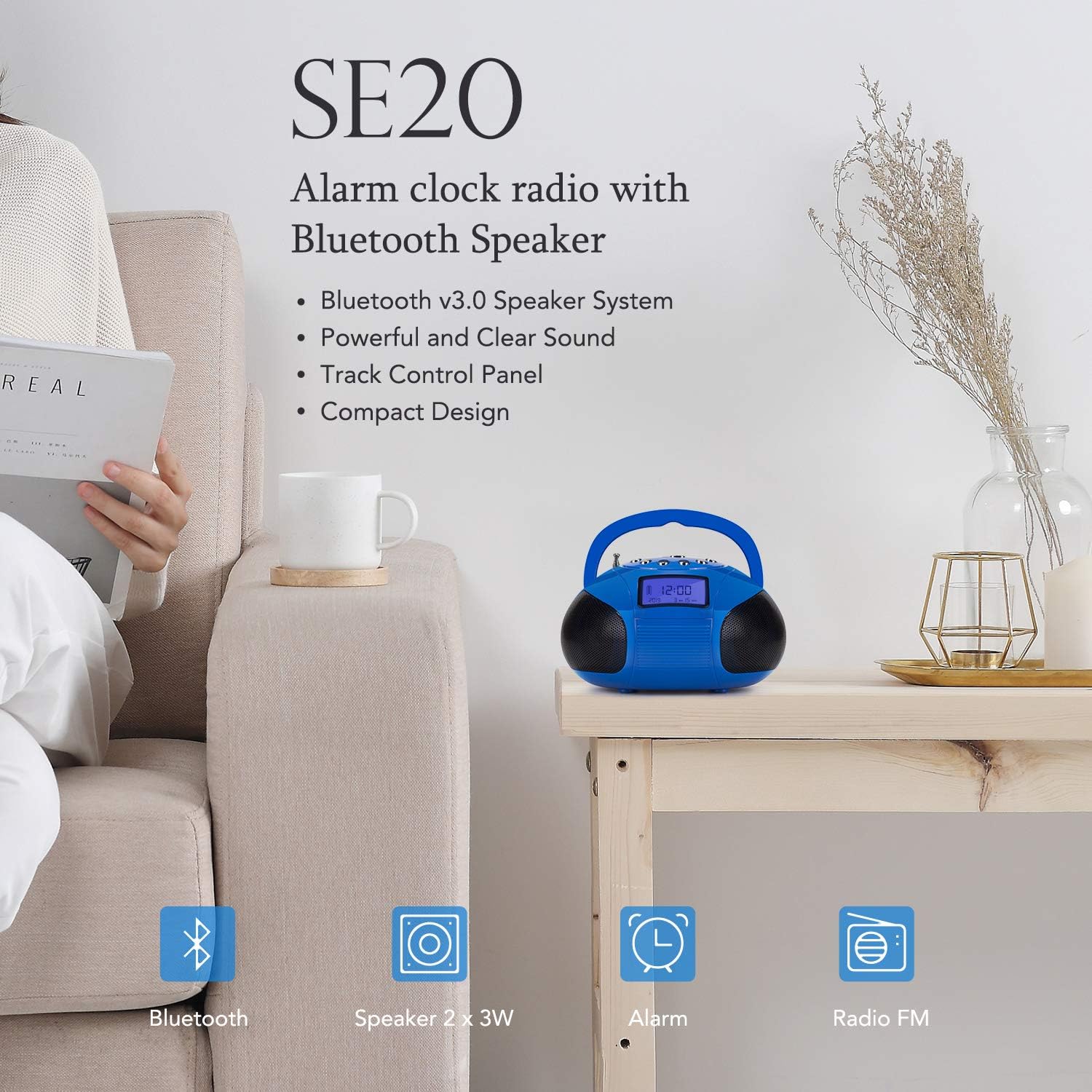 August SE20 - Mini Bluetooth MP3 Stereo - Portable Radio with Powerful Bluetooth Speakers - FM Alarm Clock Radio with SD Card Reader, USB and AUX in - Blue