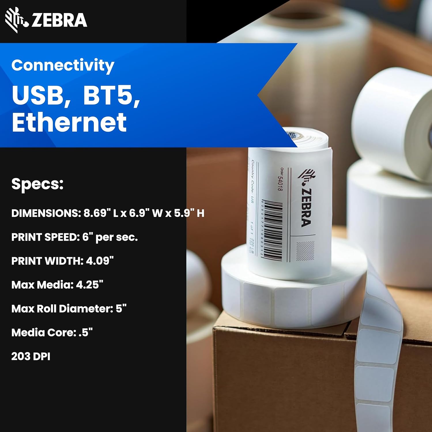Zebra ZD421 Thermal Transfer Desktop Printer 203 dpi Print Width 4-inch USB Ethernet ZD4A042-301E00EZ (Renewed) - Image 4