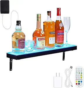 LED Lighted Liquor Bottle Display Shelf, 1 Tiers 24 Inch Acrylic Wall Mounted Whiskey Rack Stand with Remote & App Control, and Multi-color Lighting, Bar Bottle Display Shelf for Liquor Shelves