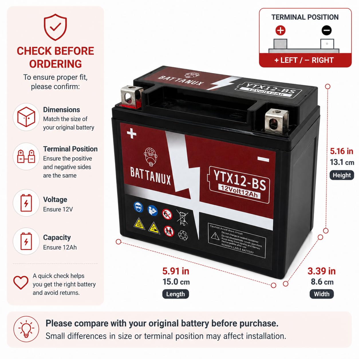 Batteria Moto Battanux YTX12-BS 12V 12Ah AGM – Alta Capacità, Senza Manutenzione, Antiperdite, Pronta all’Uso per Moto, ATV e UTV
