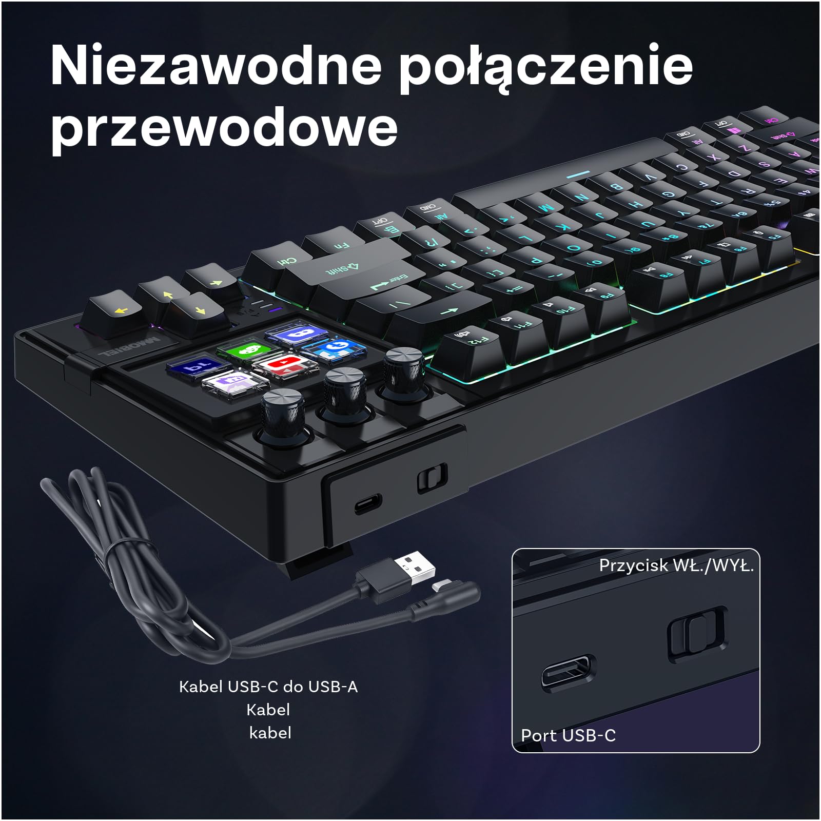 Mechaniczna Klawiatura do Stream Deck firmy MMOBIEL – QWERTY RGB, Hot-Swappable, 6 Programowalnych Klawiszy LCD i 3 Pokrętła Sterujące do OBS, Streamingu, Montażu, Produktywności – do Windows/macOS