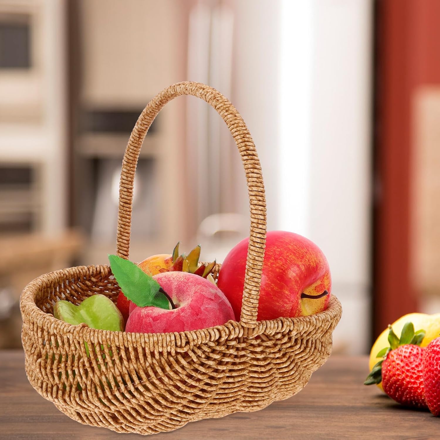 YARNOW Woven Picnic Basket with Handle Small Imitation Rattan Fruit Storage Basket Lightweight Outdoor Grocery and Snack Holder for Garden and Travel