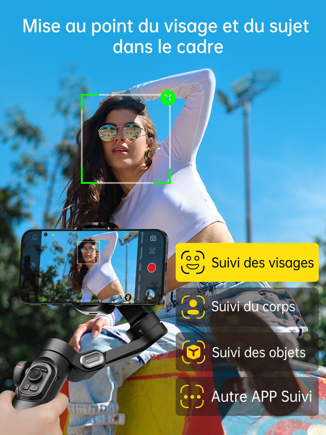 AOCHUAN Stabilisateur de téléphone 3 Axes pour Smartphone Pliable avec molette de Mise au Point TikTok Youtube Vlog pour iPhone16 15 14 13 12 Pro Max Android - Smart XE