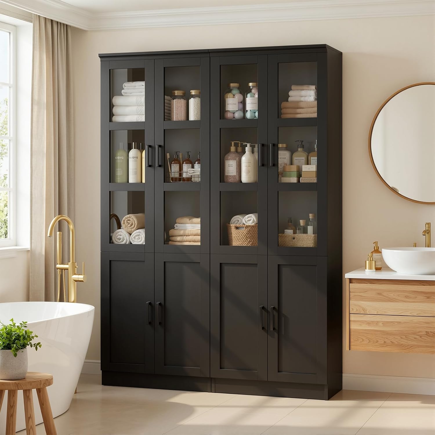 Unikito 79.7" Tall Kitchen Pantry Storage Cabinet, Freestanding Kitchen Hutch Cabinet with Tempered Glass Doors, Large Display Bookcase with Adjustable Shelves for Living Room, Dining Room, Black