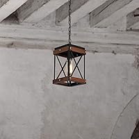 Vista 3 de Fivess Lighting Rustic Farmhouse Plug in Pendant Light with 15ft Cord, On/Off Switch, Wood & Metal Cage Adjustable Chains Industrial Mini Hanging
