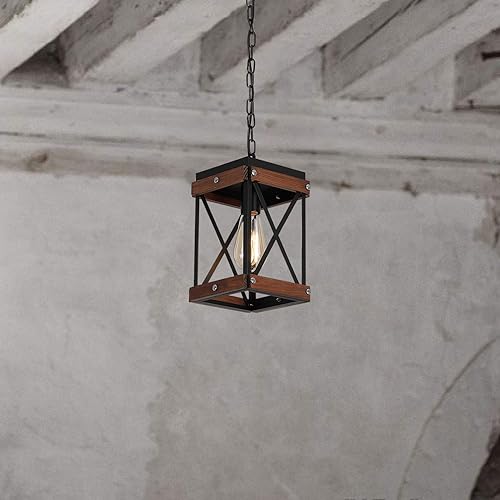 Miniatura 3 de Fivess Lighting Lámpara colgante rústica de granja con jaula de madera y metal, cadenas ajustables de una sola luz, mini lámpara colgante industrial