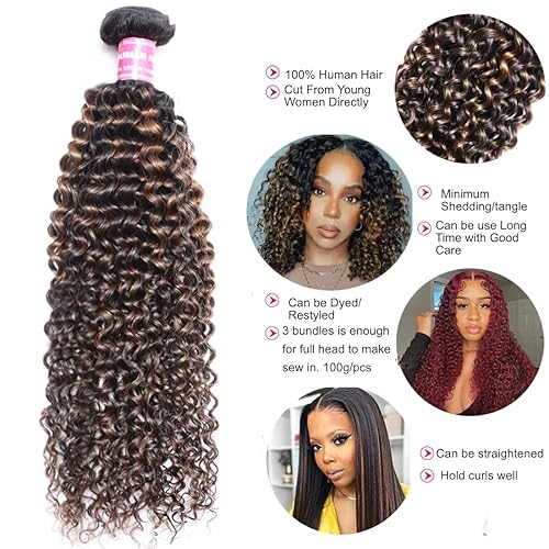 Miniatura 4 de UNICE 3 manojos de cabello humano brasileño Remy brasileño con reflejos marrones, cabello rubio balayage, trama de raíces oscuras para coser, hacer