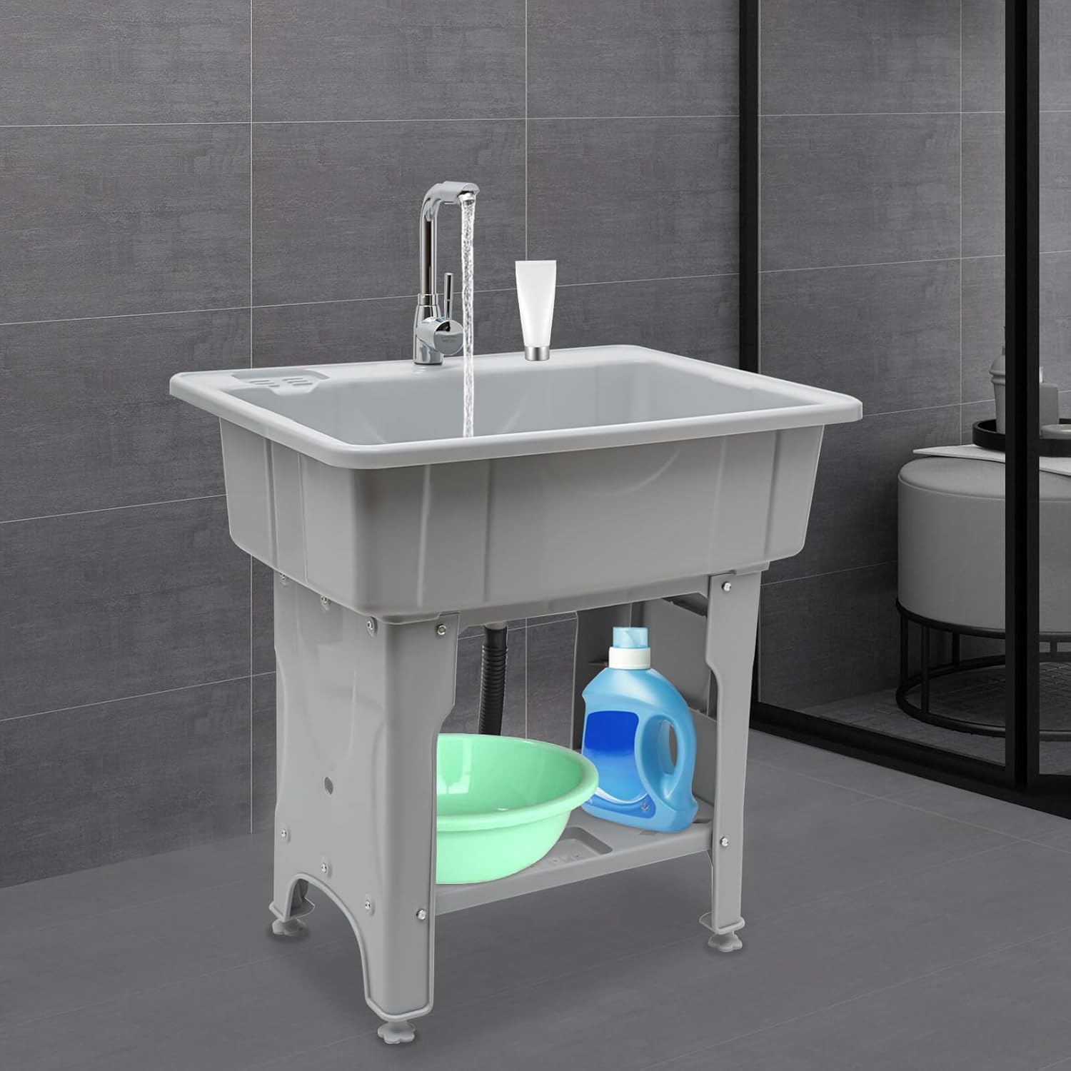 PP Laundry Sink w/Cold & Hot Faucet,441lbs Load Freestanding Garden Utility Sink w/Storage Shelf,Plastic Laundry Tub Hoses and Drain Kit for Basement,Garage Slop Sink (Grey 31.5L*22.05W*31.5Hin)