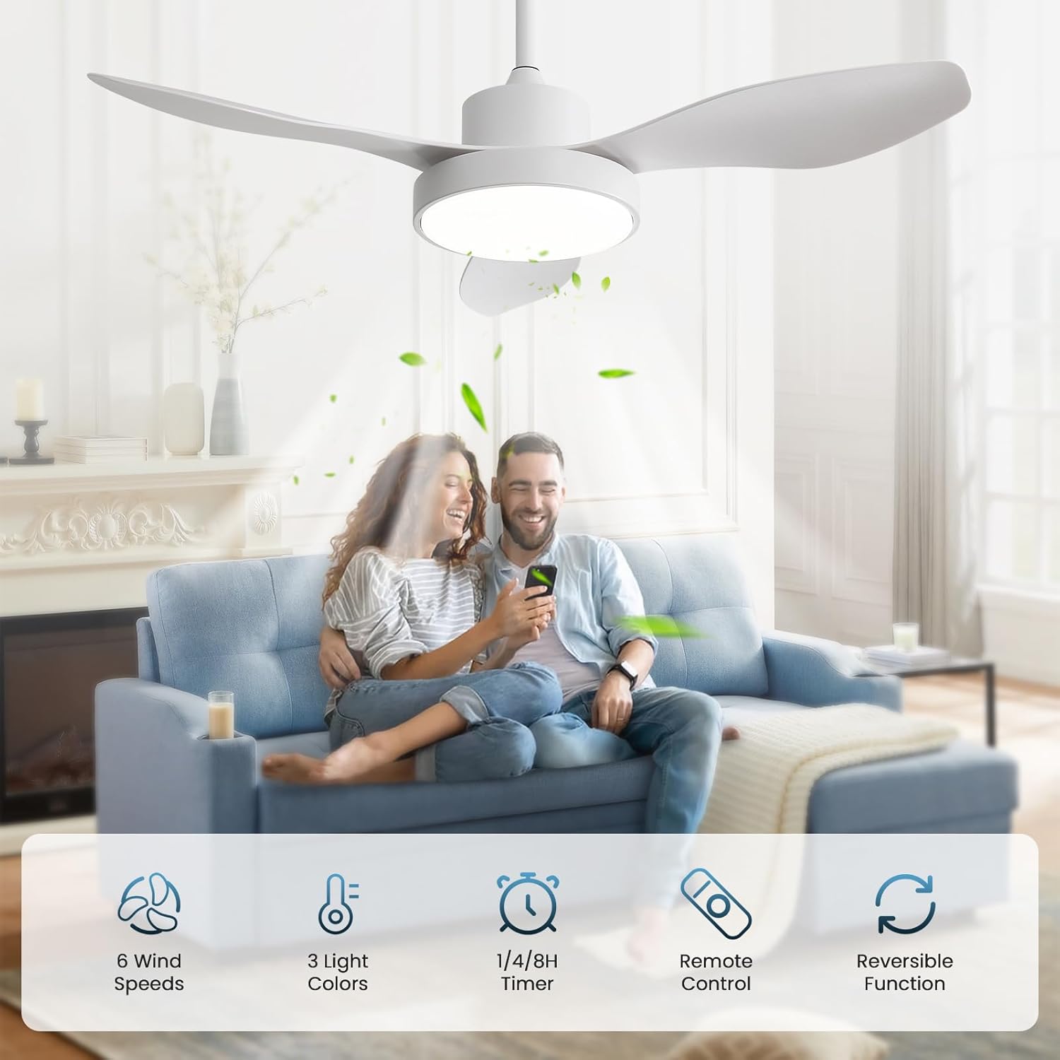 CACI Mall 48 inch Ceiling Fans with Lights, Low Profile Flush Mount Modern White LED Ceiling Fan with Remote and Reversible DC Motor, for Indoor/Outdoor/Bedroom/Living Room/Patio