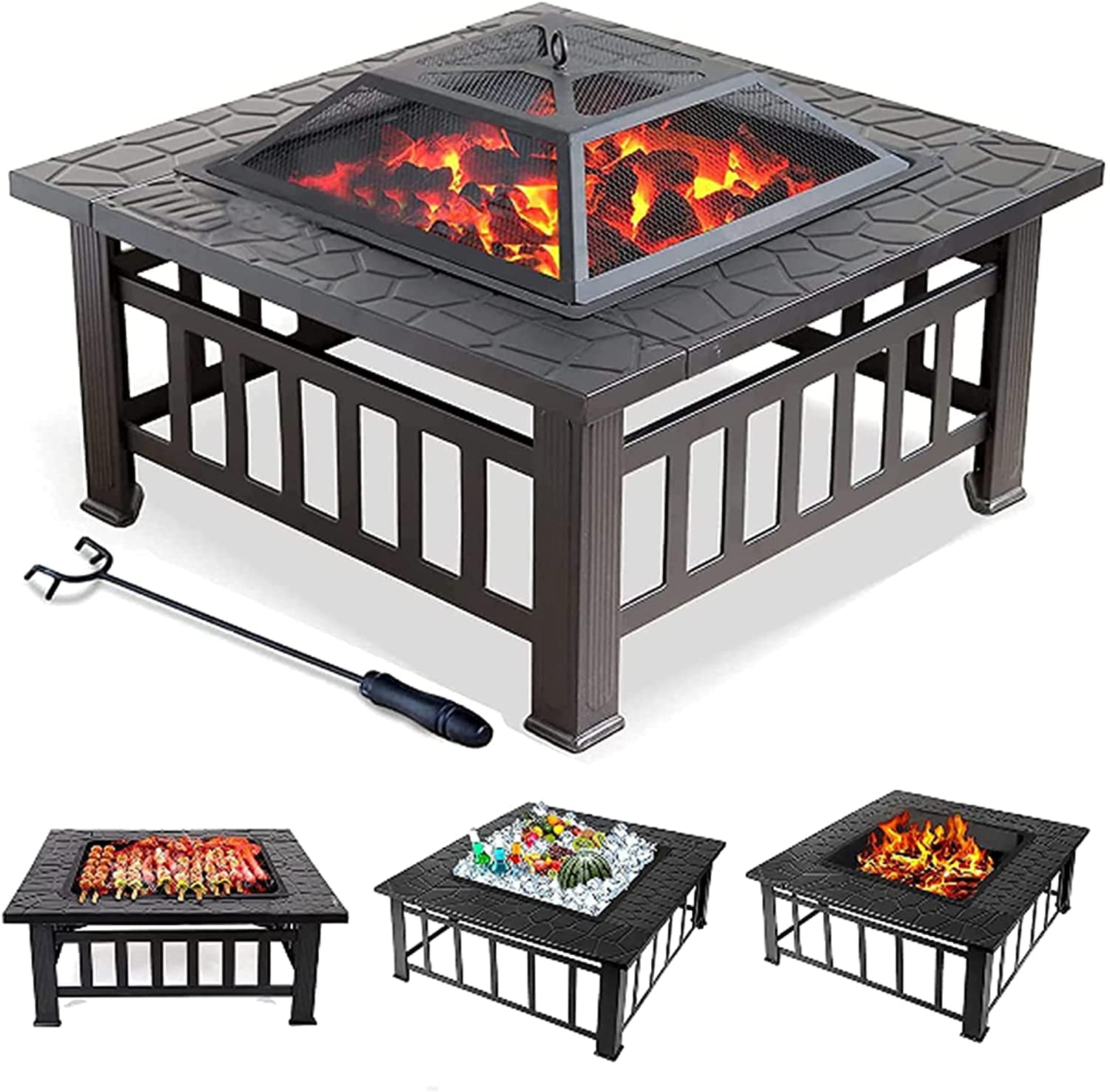 XZHOOQP Parrilla para Barbacoa al Aire Libre, fogatas Grandes para Exteriores, fogata Cuadrada de 32 Pulgadas, Estufa de leña con Pantalla Protectora contra chispas y Rejilla para Parrilla y atizador