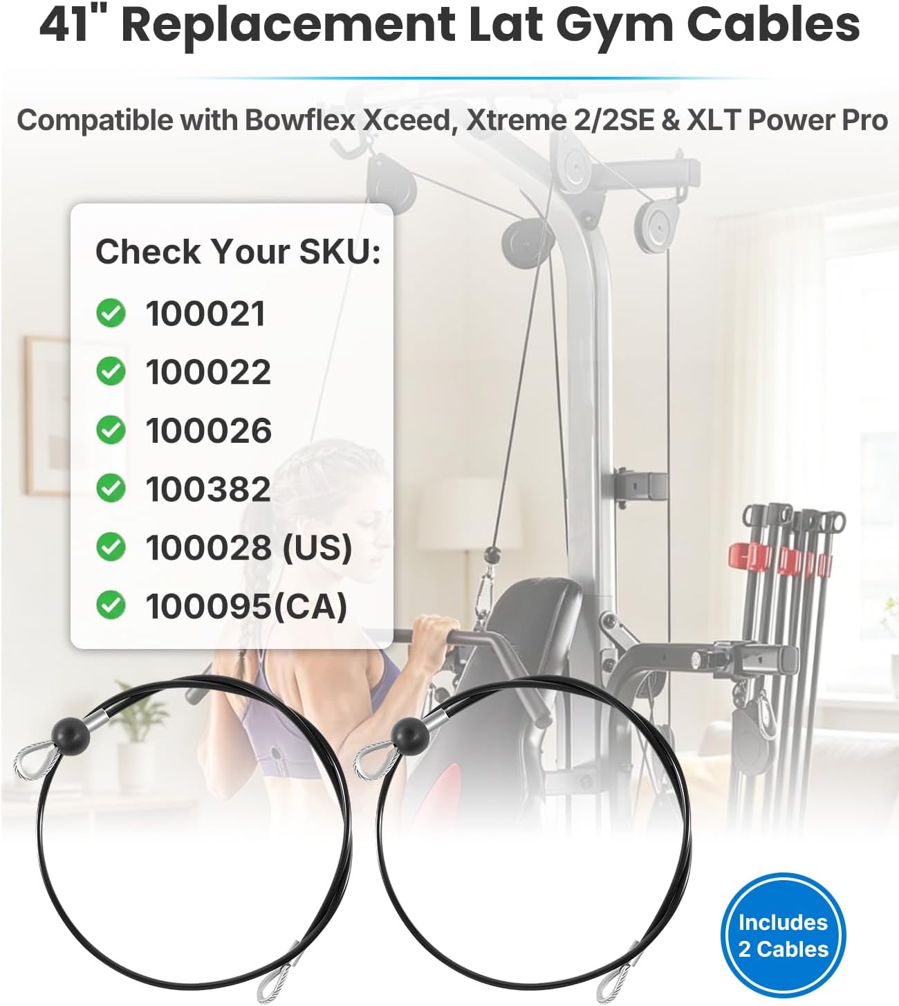 41" Replacement LAT Gym Cables for Bowflex Xceed, Xtreme 2, 2SE & XLT Power Pro, Fits SKUs 100021, 100022, 100026, 100028, 100382; Replaces OEM# 001-8081 & 1000514040 (Pair)