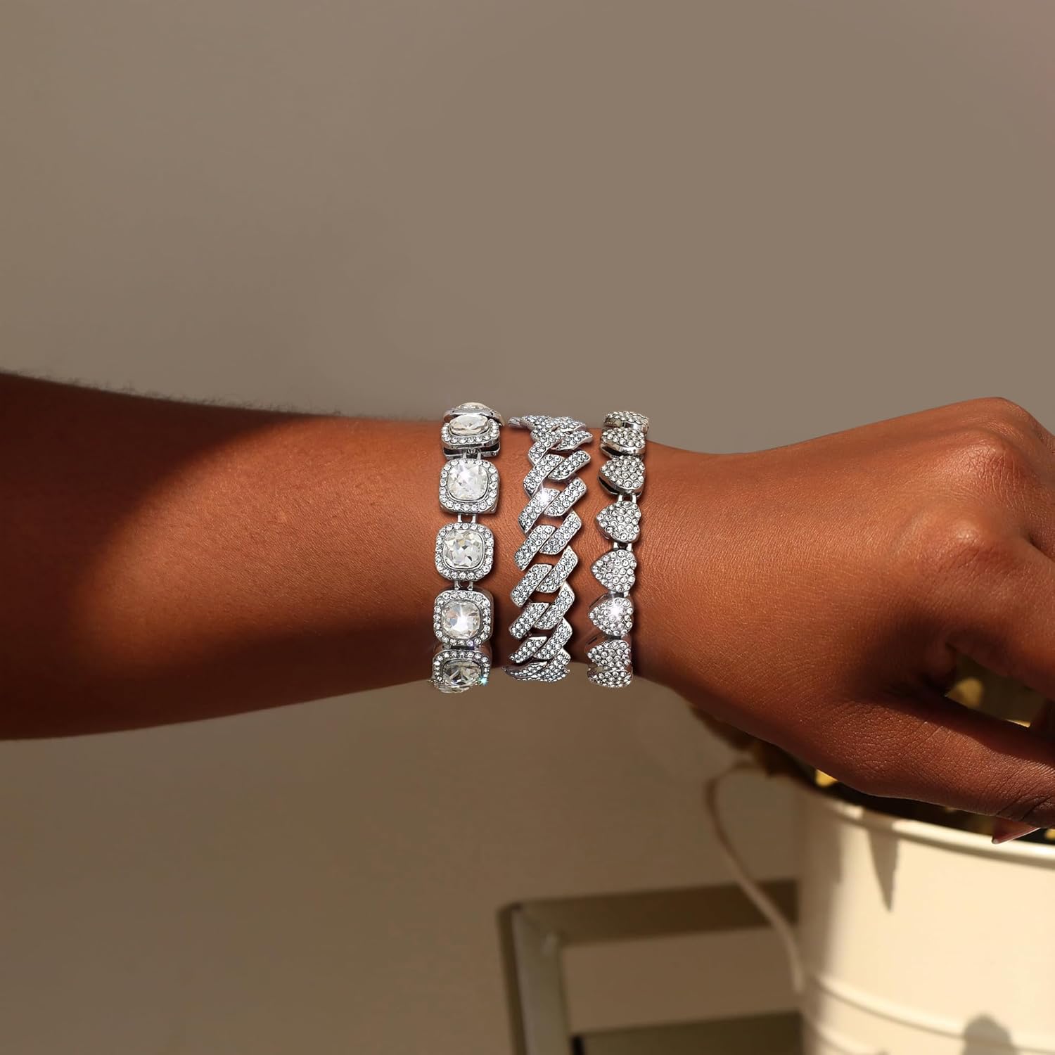 TEN MIRO Silver Plated Bracelets for Women,Silver Tennis Bracelets for Women Non Tarnish Heart Square Cuban Bracelet stack Layered Link Bracelet Set Fashion Jewelry for Women or Men - Image 2