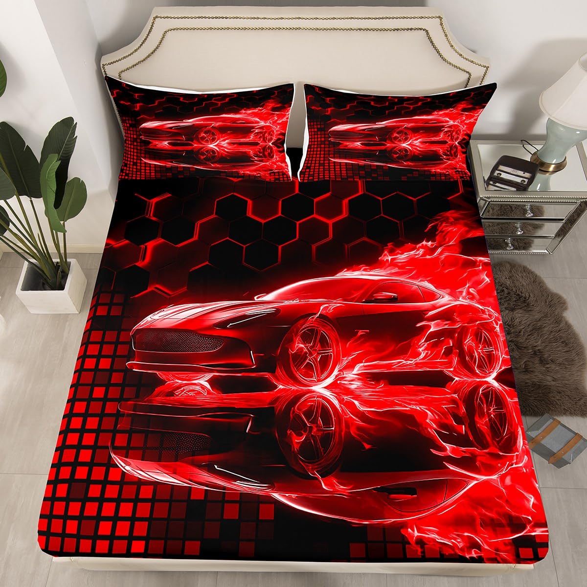 jejeloiu Race Car Flame Bed Sheets Set for Kids Boys Teens Full Size Speed Sports Fitted Sheet Ultra Soft Honeycomb Bedding Set Cool Modern Grid Bedding Collection Extreme Sports