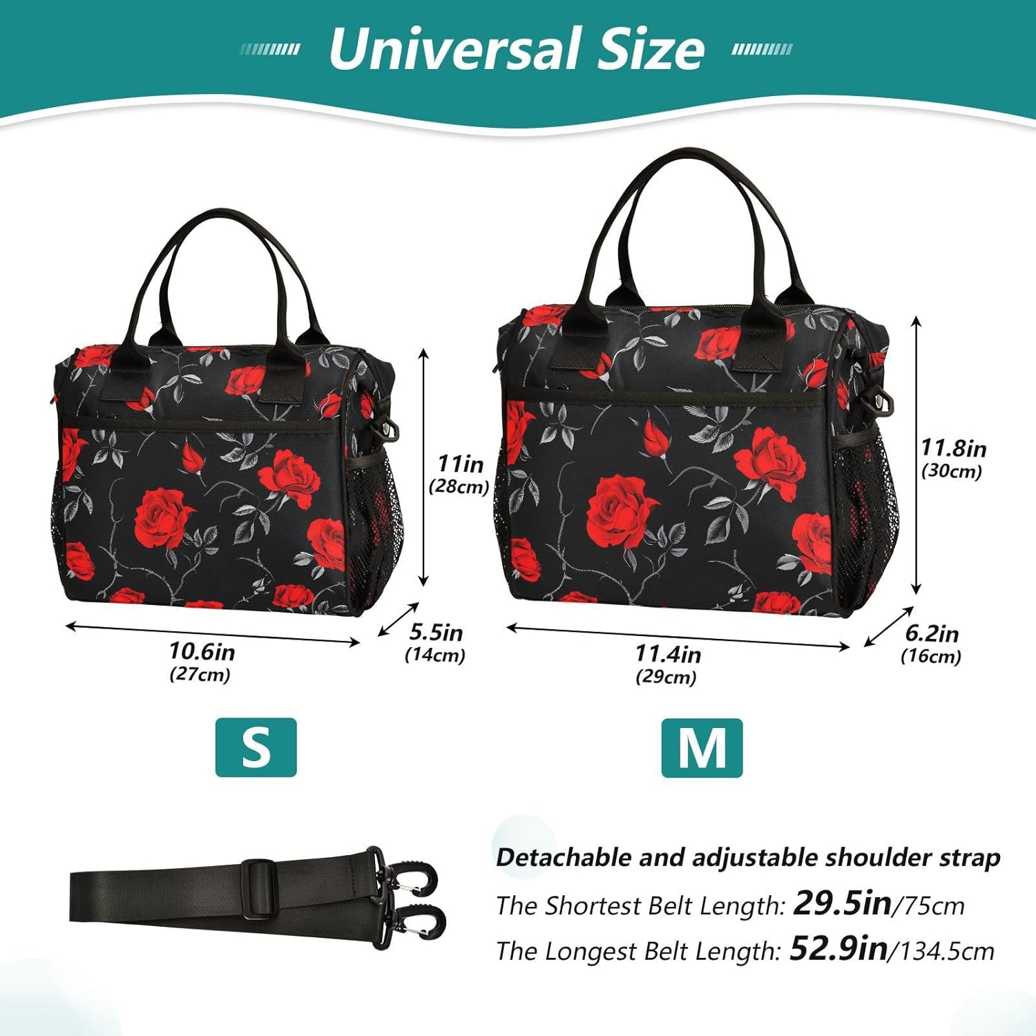 Red Roses Lunch Bag for Women, Insulated Lunch Box for Students, Women's Lunch Tote Bag with Side Pockets & Removable Shoulder Strap Large Cooler Purse for Picnic Work Beach