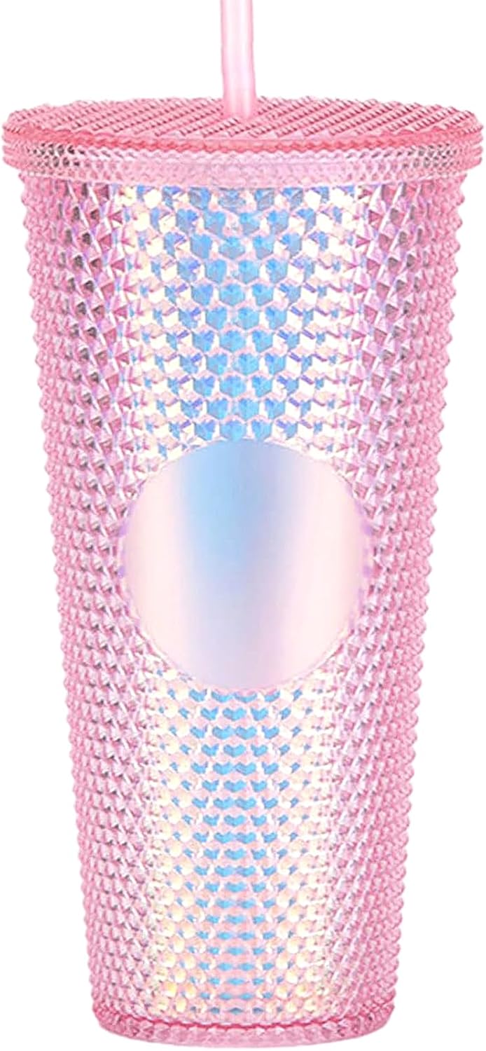 Studded Tumbler With Straw Tumblers With Lids And Straws Pink Tumbler With Straw Textured Cup BPA-Free Double-Wall Plastic Tumblers for Iced Coffee Cold Drinks or Water 24 Oz