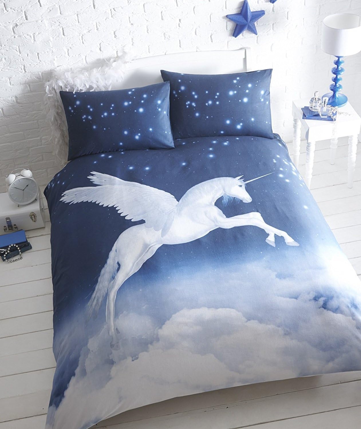 Eleanor James Unicorn King Size Duvet Cover and 2 Pillowcase Set Bedding Polycotton Photographic Print, Polyester-Cotton, Blue