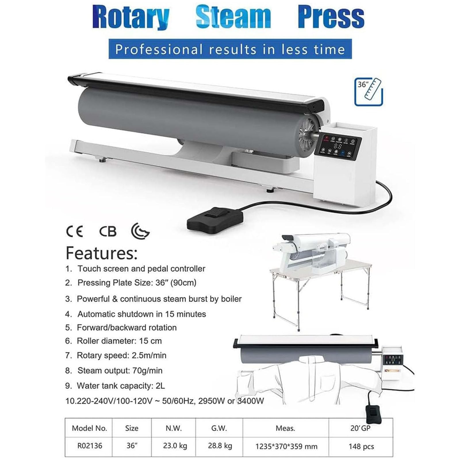 Commercial Roller Ironing Machine, 36inch Rotary Iron Steam Press Machine for Home Use, Fabric Rotary Steam Press Iron Garment Steamer, Industrial Rotary Steam Iron Machine