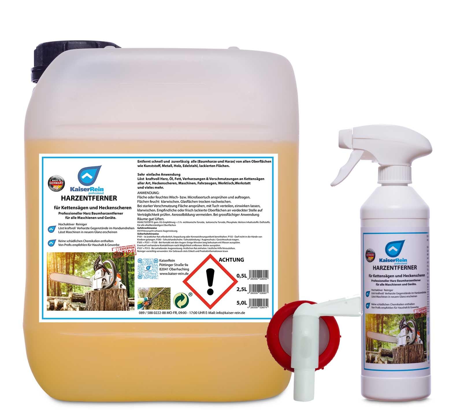KaiserRein Harz-Entferner/Baumharz-Entferner SET 0,5 L Sprühflasche Leer, 5 L Kanister & Auslaufhahn