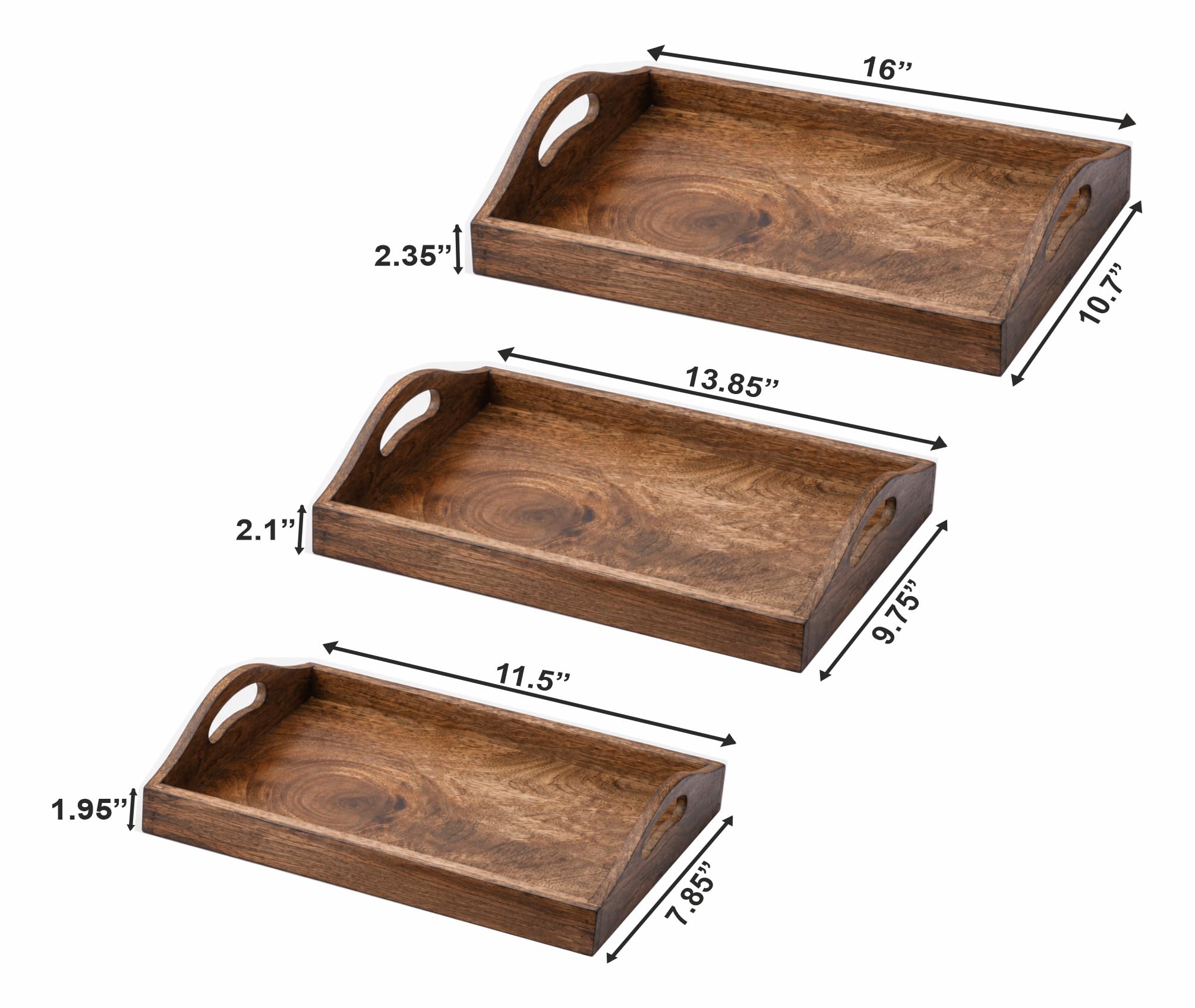 Ajuny Vassoio da portata rettangolare in legno di mango con maniglie, 38,1 x 25,4 cm, in tinta unita, realizzato a mano, per snack, caffè, tè, decorazione e regalo versatile