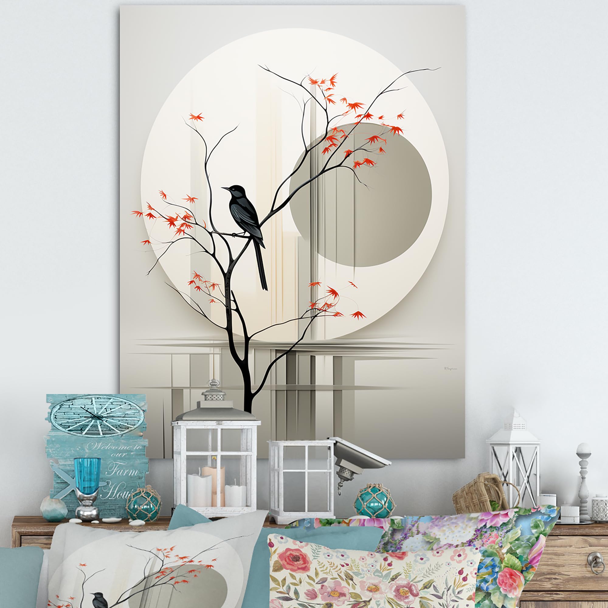 DesignQ Large Bird Wall art, Ink Portrait Of The Grey Japanese