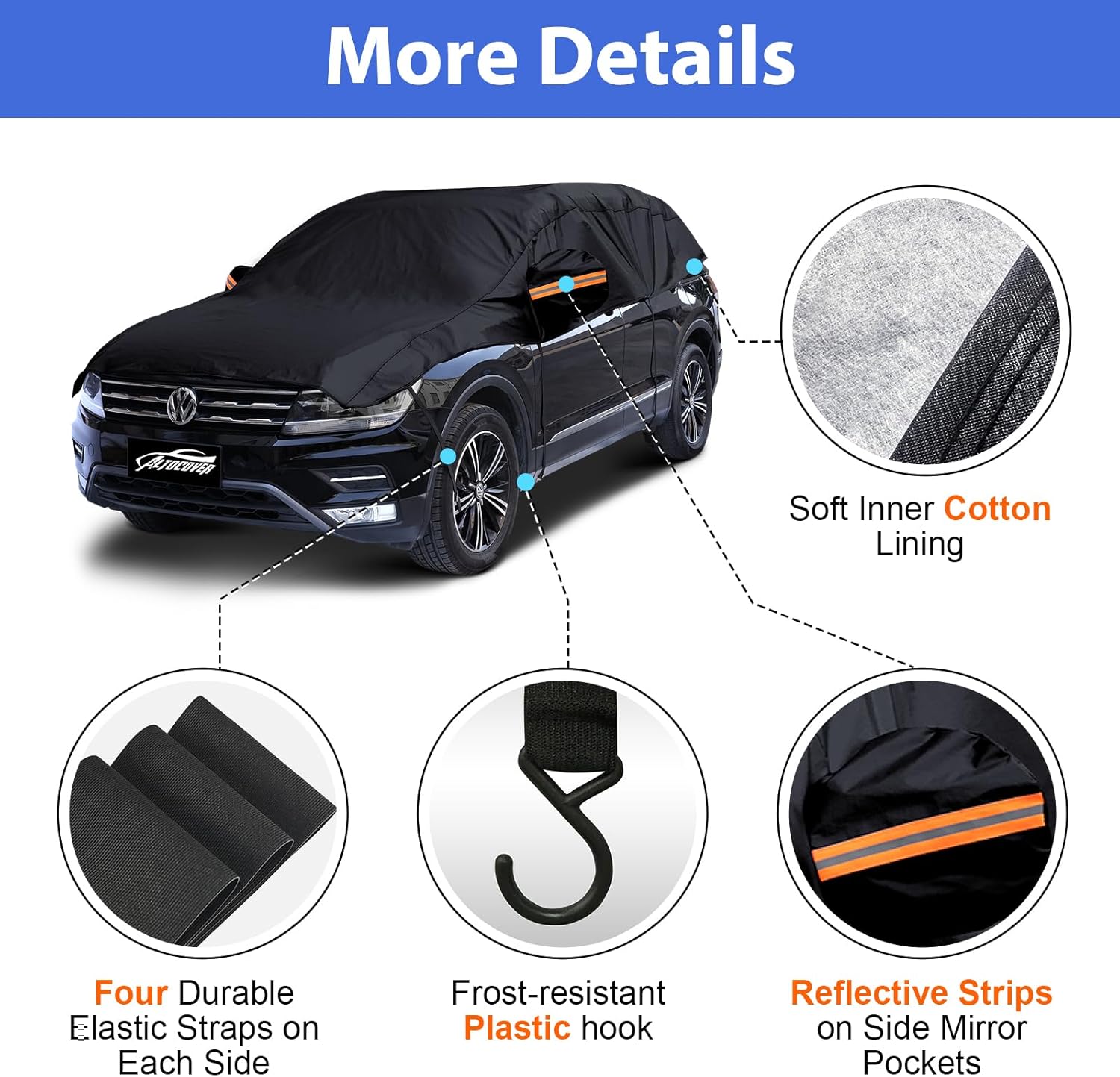 Half Car Cover Top, Hail Protector Car Cover with Cotton Liner, Sunroof & Windshield Cover for Ice and Snow, All Weather Vehicle Body Cover for Sun, Rain, Dust, Fit SUV M