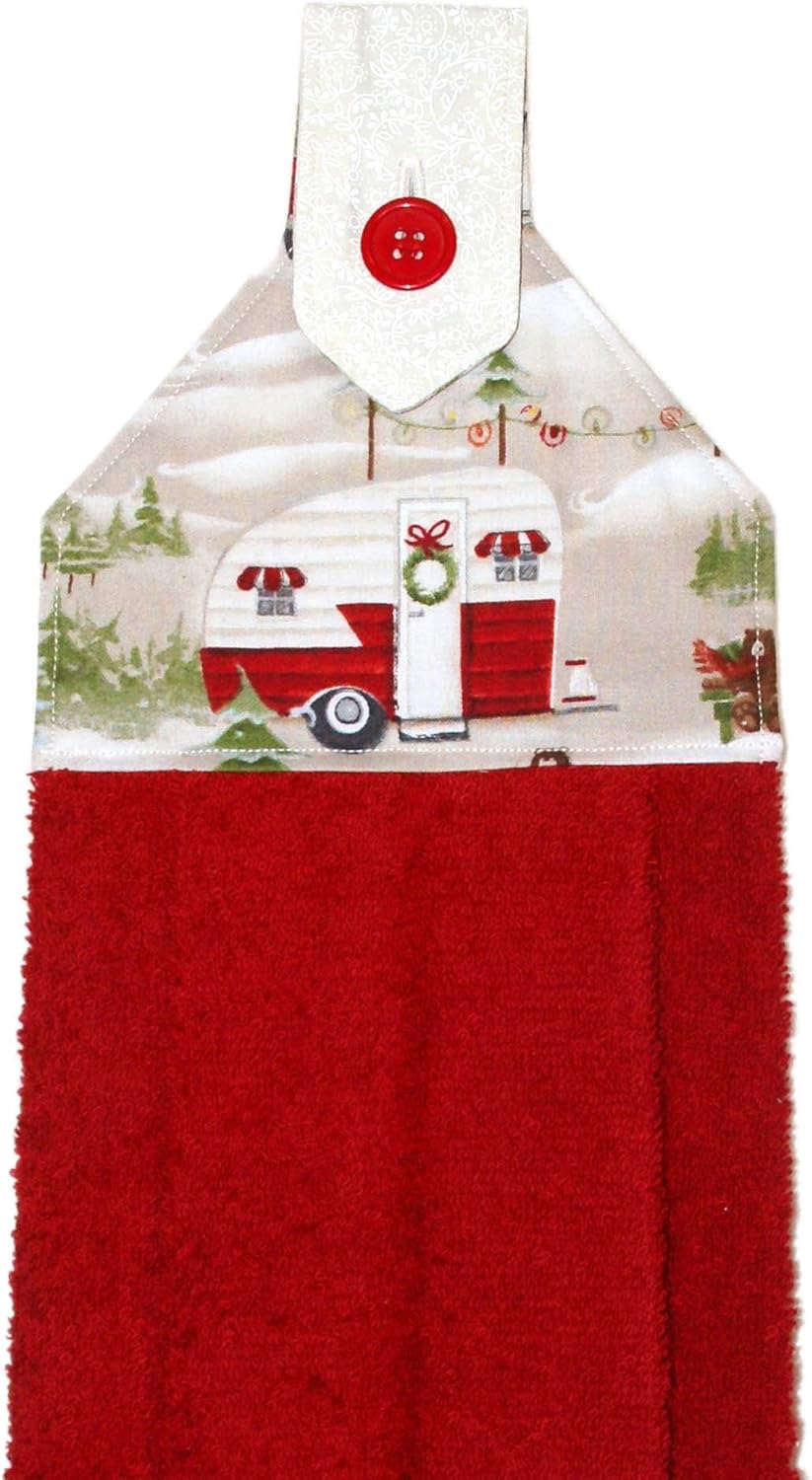 Hanging Hand Towel - Christmas RV - Shasta - Winter Snow Scene - Red Plush Towel - RV Camping Decor - Handmade