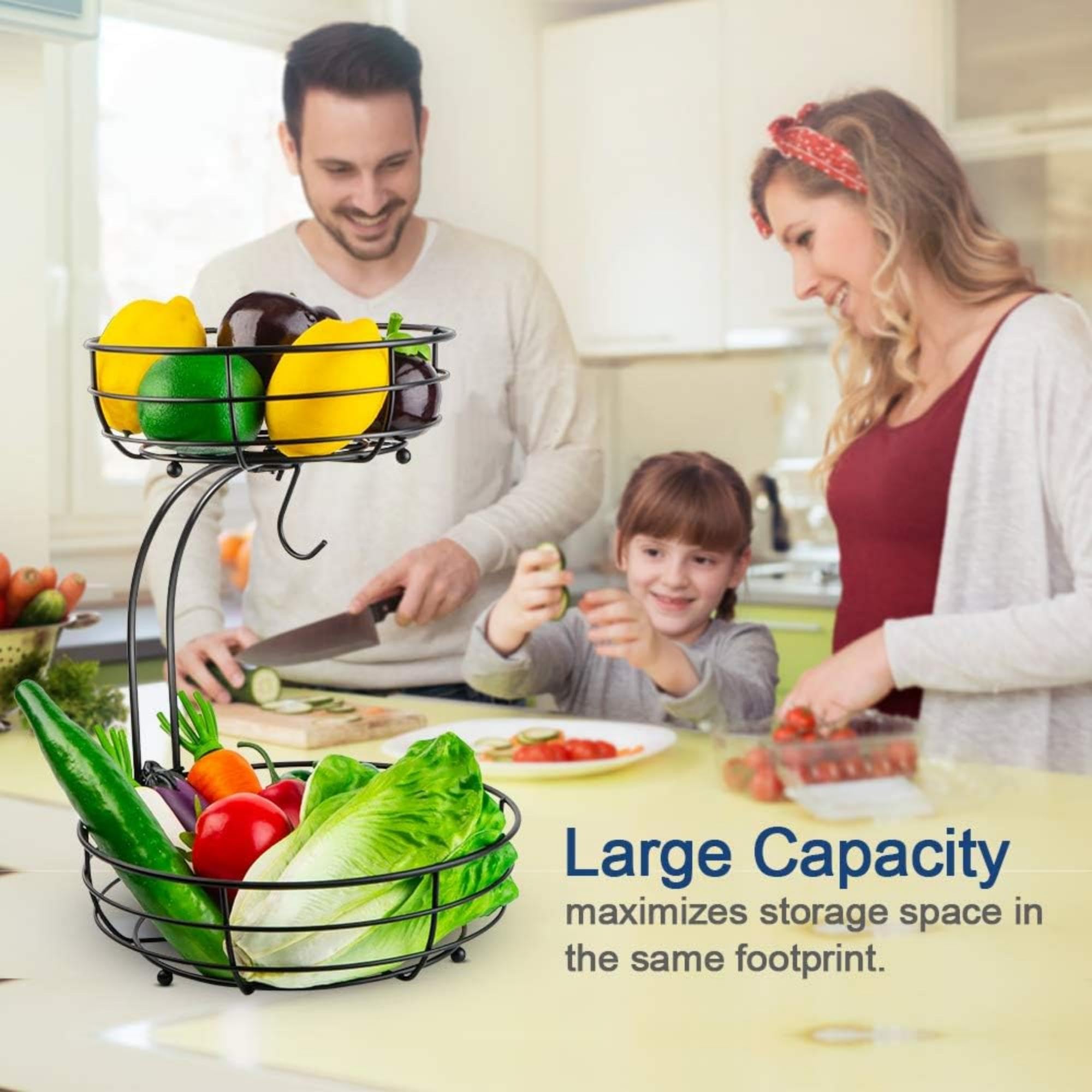 Cestino per frutta a 2 ripiani con porta banana in metallo – cesto frutta moderno da cucina, ciotola per frutta e verdura, cestino decorativo da appoggio, ideale per frutta, snack e pane