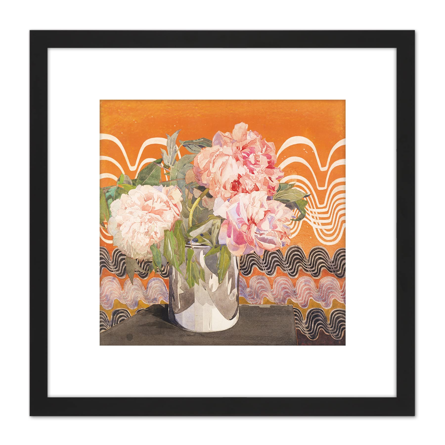 Artery8 Rennie Mackintosh Peonies Flowers Vase Painting 8X8 Inch Square Wooden Framed Wall Art Print Picture with Mount