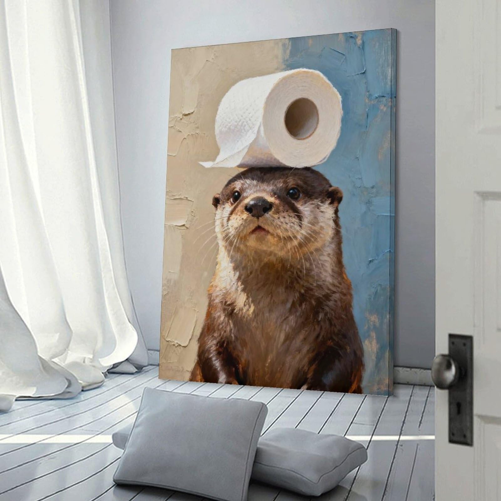 Otter with Toilet Paper Hat Poster, Picture, Metal Print, Paint by Ahmedtee Wall Art Print, 12x18inch(30x45cm), for Entryway, Lounge Links Or Small Walls, Decorative Wall Art for Narrow Spaces