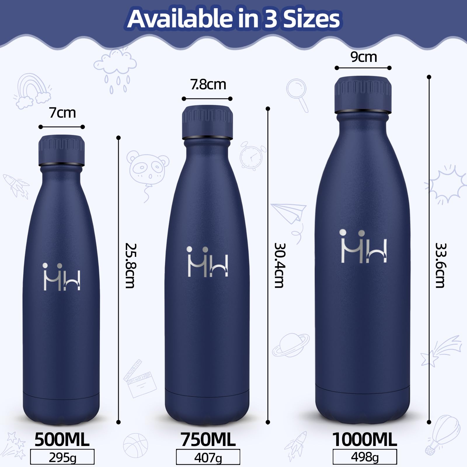 Motswedi Borraccia Termica, 500ml 18/8 Acciaio Inox, Bottiglia Termica, Senza BPA, Borraccia Acciaio Inox, 12 Ore/Freddo 24 Ore, per Scuola, Sport, Campeggio, Yoga, Palestra, Blu Scuro