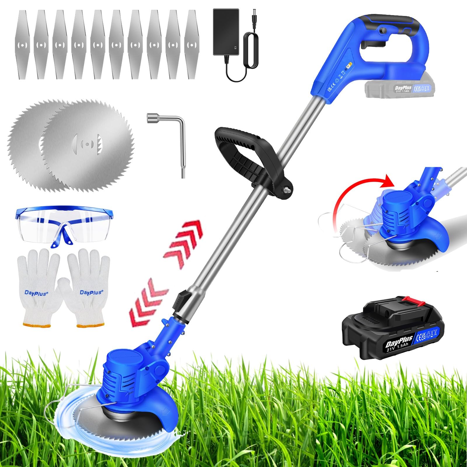 21V Metal Blade Grass Trimmer Cordless Garden Strimmer Electric Weed Remover Garden Tools, Lightweight Lawn Mower, Telescopic Electric Lawn Edger Weed Wacker with 2 Cutting Type Blades & 1.5Ah Battery — image 1