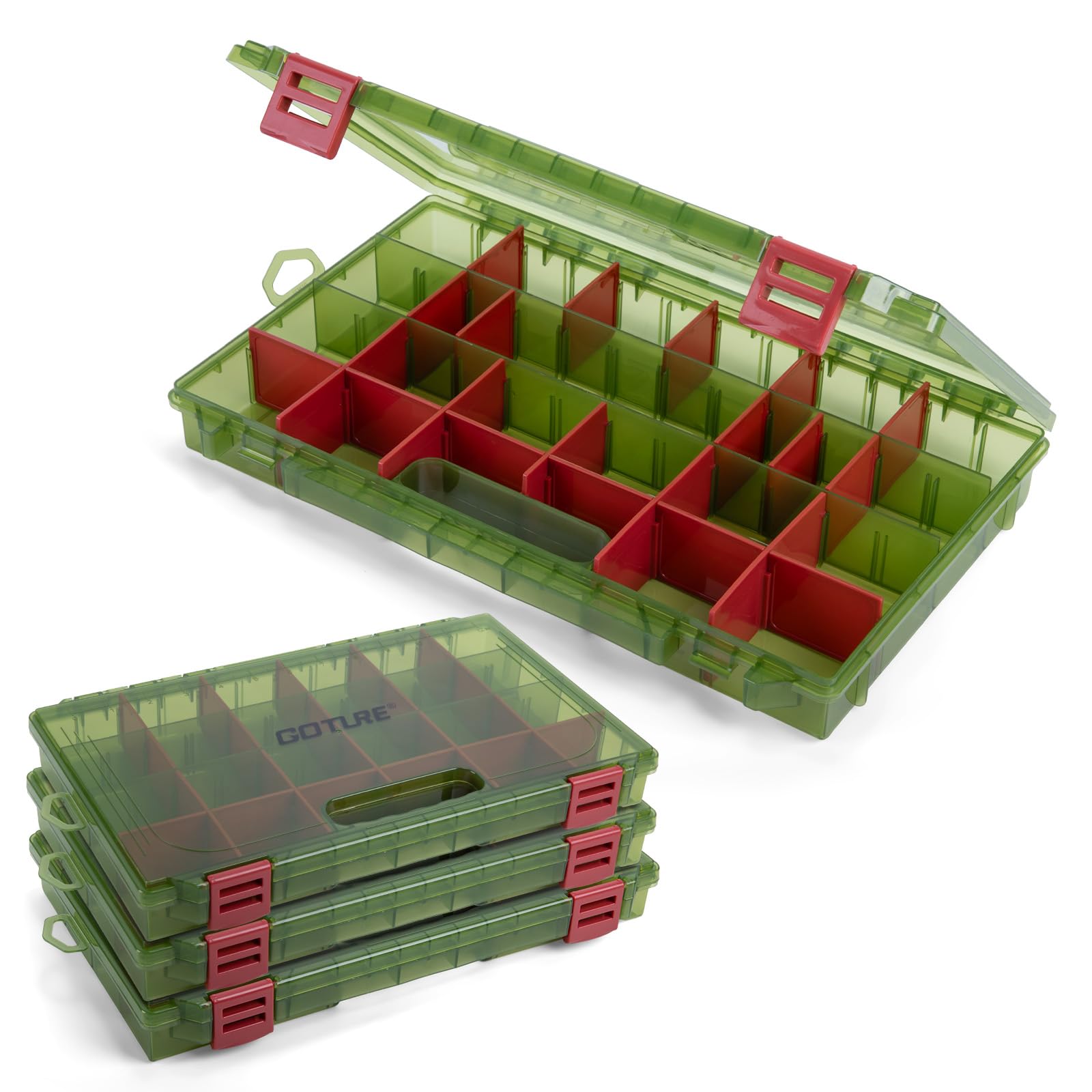 Goture Fishing Tackle Box Organizer - Transparent Fishing Organizer Box w/Measurement Ruler, Adjustable Dividers, Dual Latches