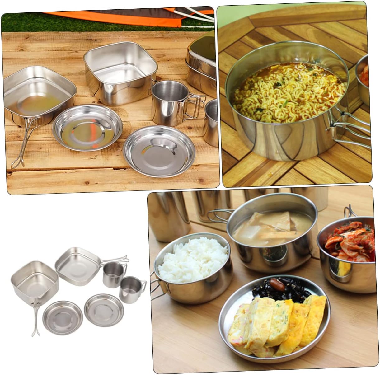POPETPOP 6-Piece Outdoor Camping Cookware Set Portable Stainless Steel Pots and Pans for Backpacking Hiking and Picnics