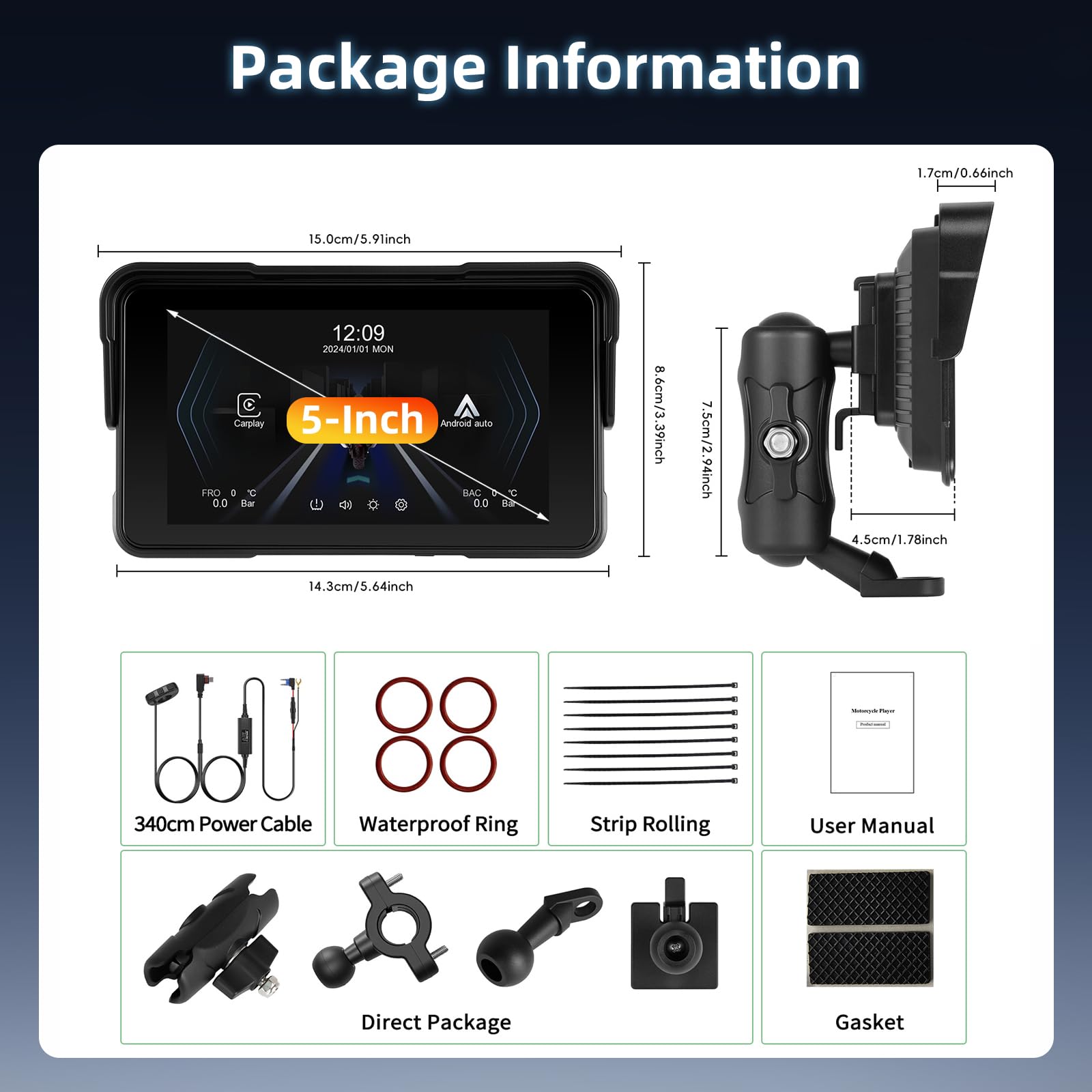 CarPlay Schermo Carplay per Moto con Wireless Android Auto, 5 Pollici Impermeabile Touchscreen, Doppio Bluetooth, Navigazione GPS, Siri/G00gle Assistente, Plug-and-Play