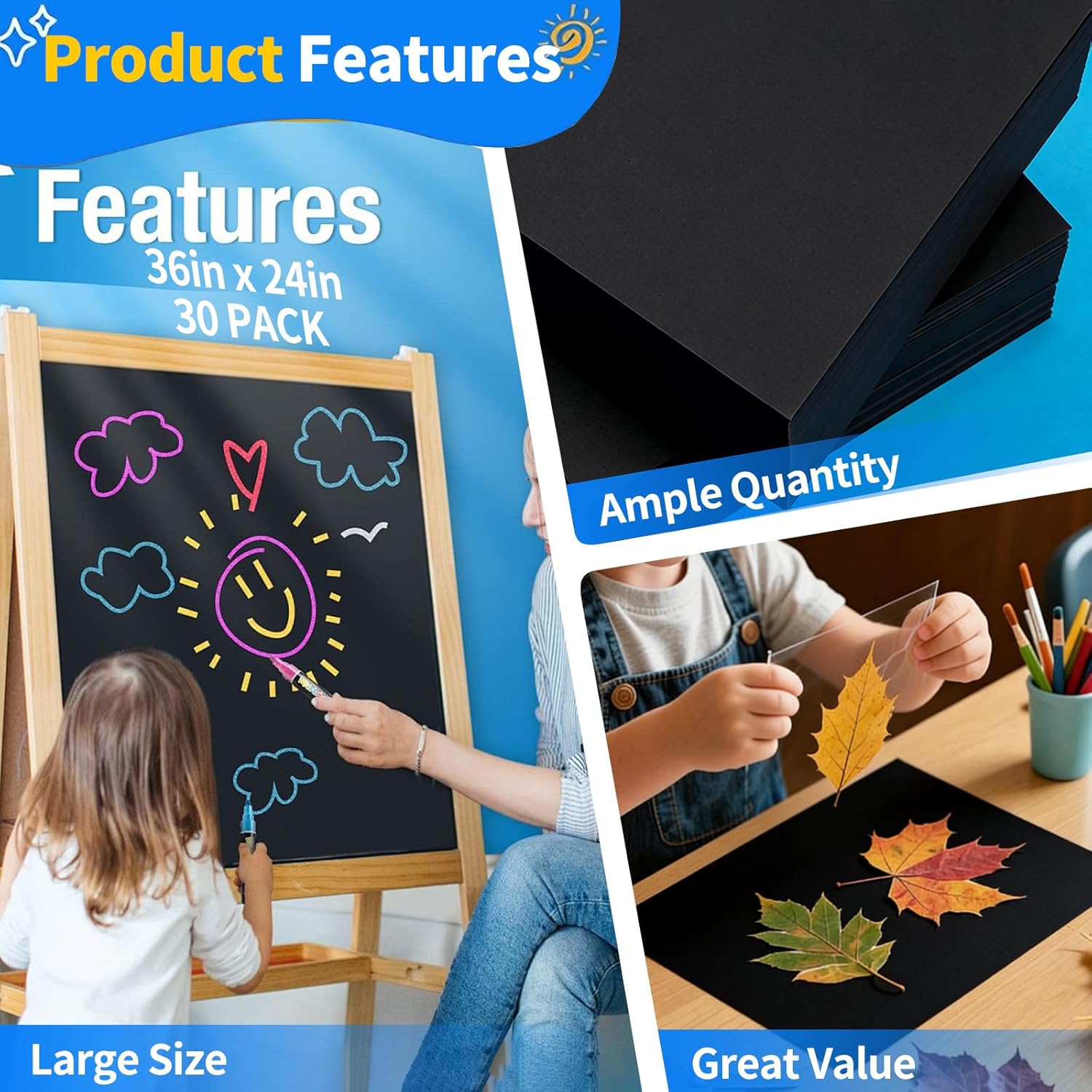 24x36 inches Black Poster Board, 30 Packs Large poster paper, Heavyweight Poster Paper Bulk, Blank Display Board for School, Office & Craft Projects