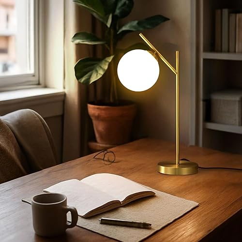 Miniatura 5 de Juego de 2 lámparas de mesa con forma de globo, lámpara de escritorio de globo de vidrio de latón con pantalla de vidrio blanco lechoso, lámpara de