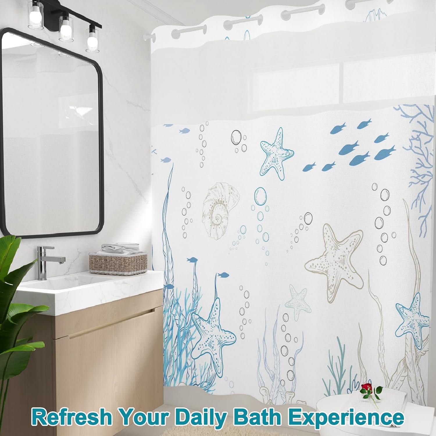 Coastal No Hook Shower Curtain with Snap in Liner, Double-Layer Waterproof Fabric Cloth Shower Curtains with Ventilation Window, Ocean Minimalist Undersea Starfish Blue Shower Curtain, 71x74 Inches