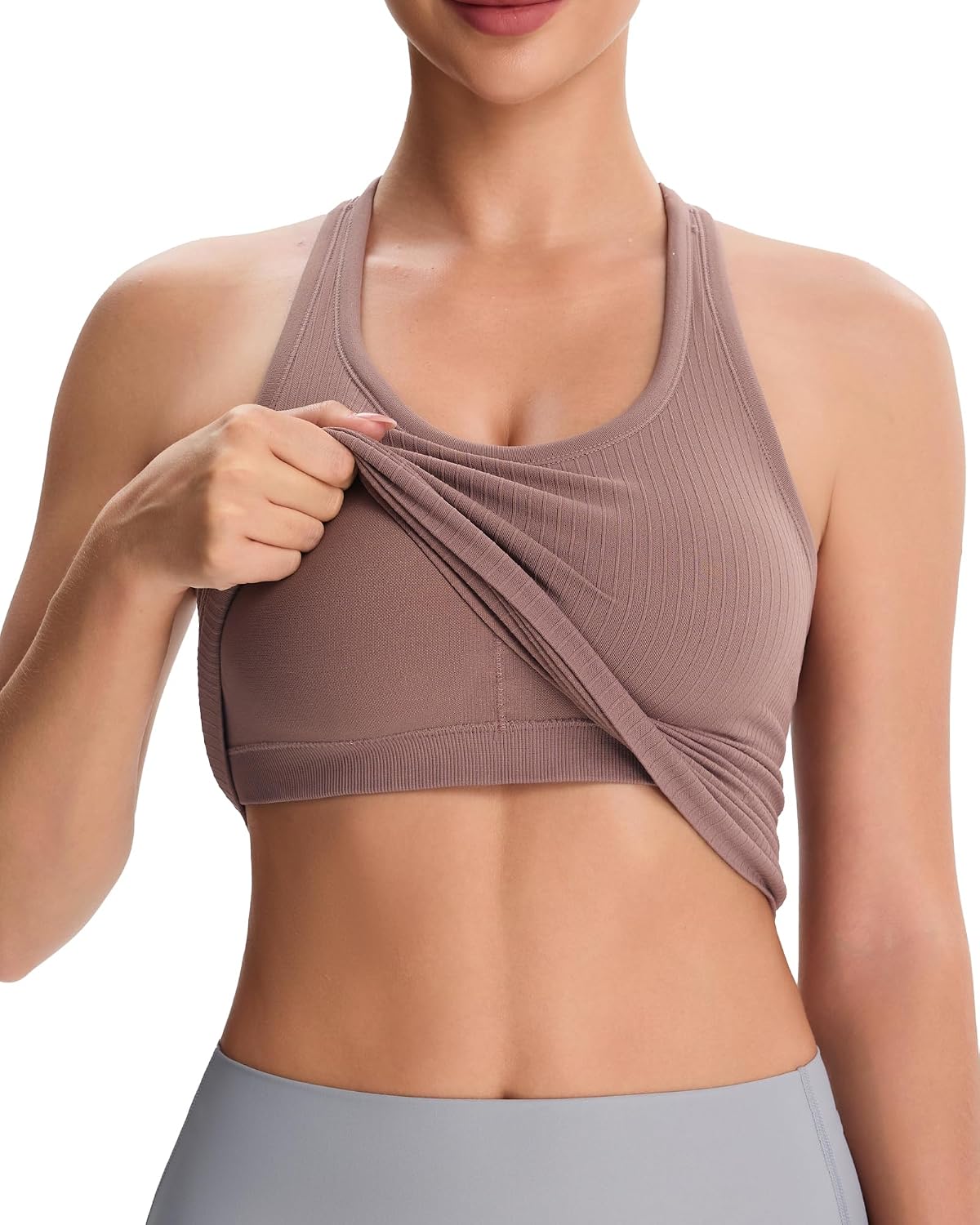 Seamless Racerback Sports Tank Top for Women - Ribbed Padded Workout Camisole with Built-in Bra for Yoga Gym Running Fitness