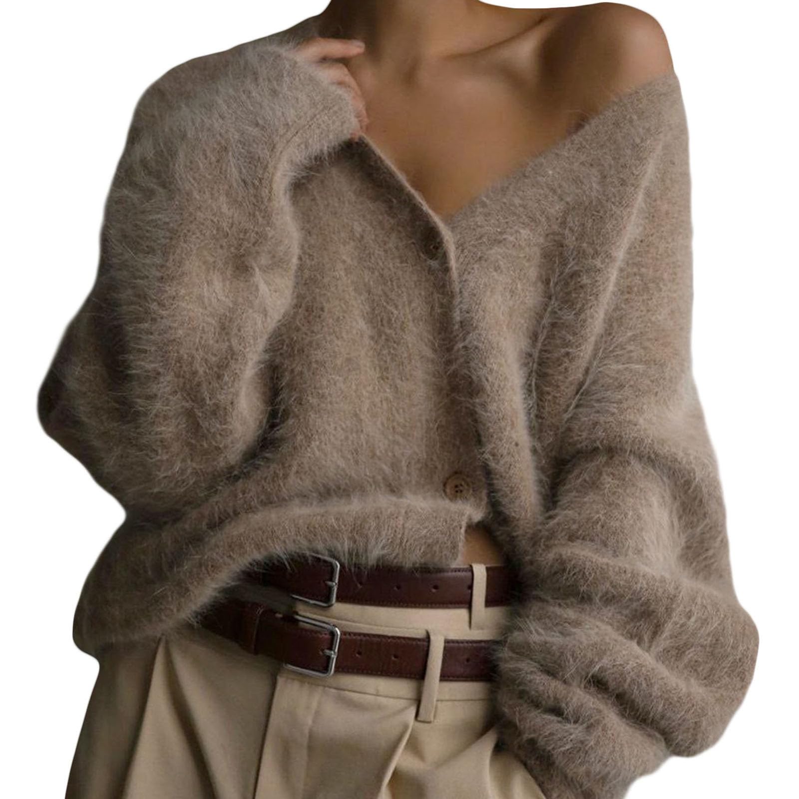Womens Chunky Sweater Fuzzy Cardigan V-Neck Button Down Knit Oversized Casual Y2k 2025 Fall Winter Mohair Sweater
