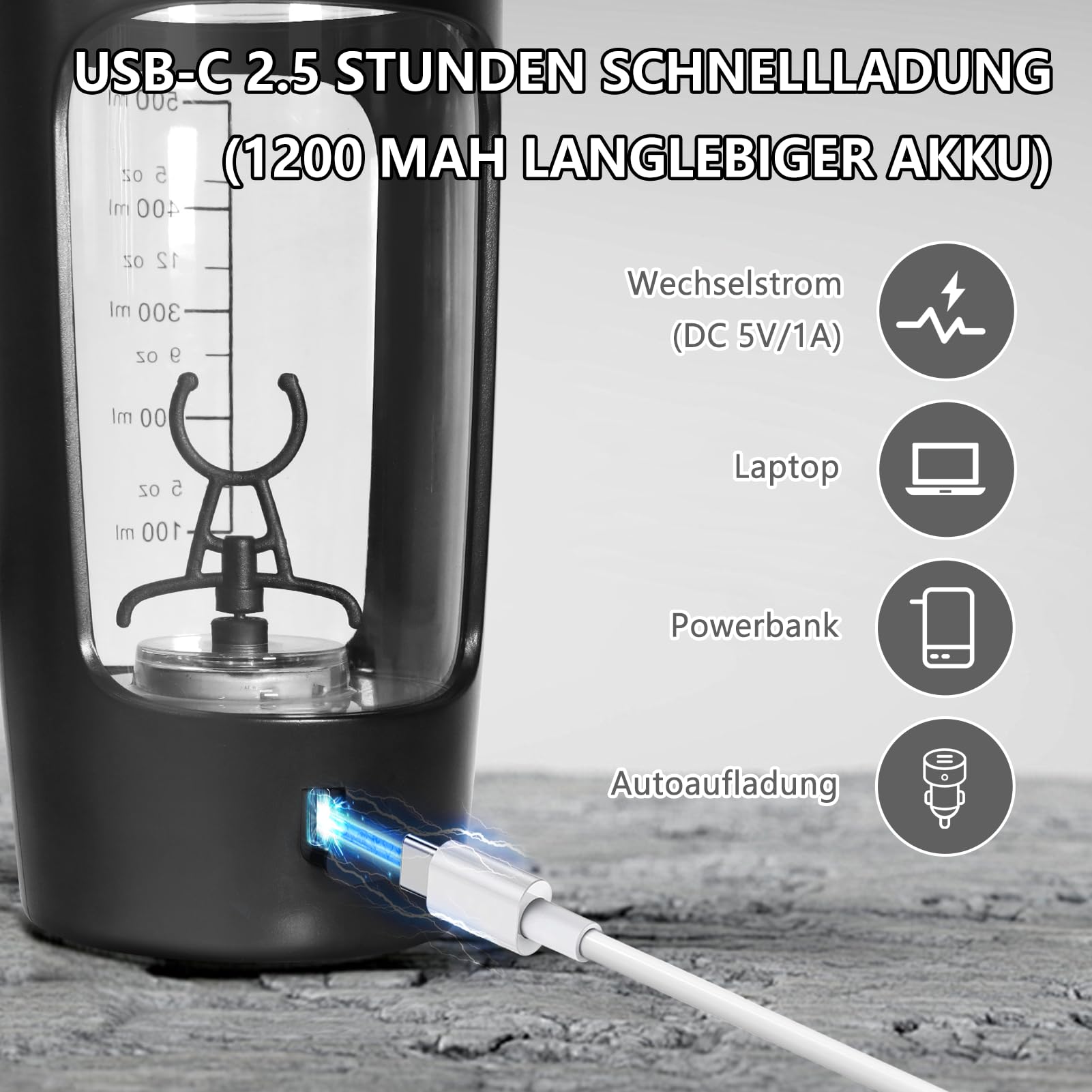 SOARFLY Shaker Elektrisch, 650ML Elektrischer Shaker mit Pulverfach, Eiweiß Shaker Elektrisch für Potein Pulver und Milchshake, BPA-freier, USB-C aufladbar, Schwarz