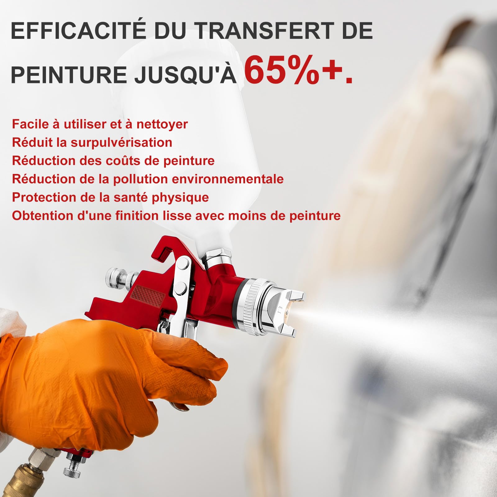 HVLP Pistolet a Peinture avec 3 Buses 1,4/1,7/2,0mm Régulateur d'air Coupelle 600cc Pistolet à Pulvérisation à Alimentation par Gravité, HVLP Meubles de Voiture Pistolets de réparation (Rouge)
