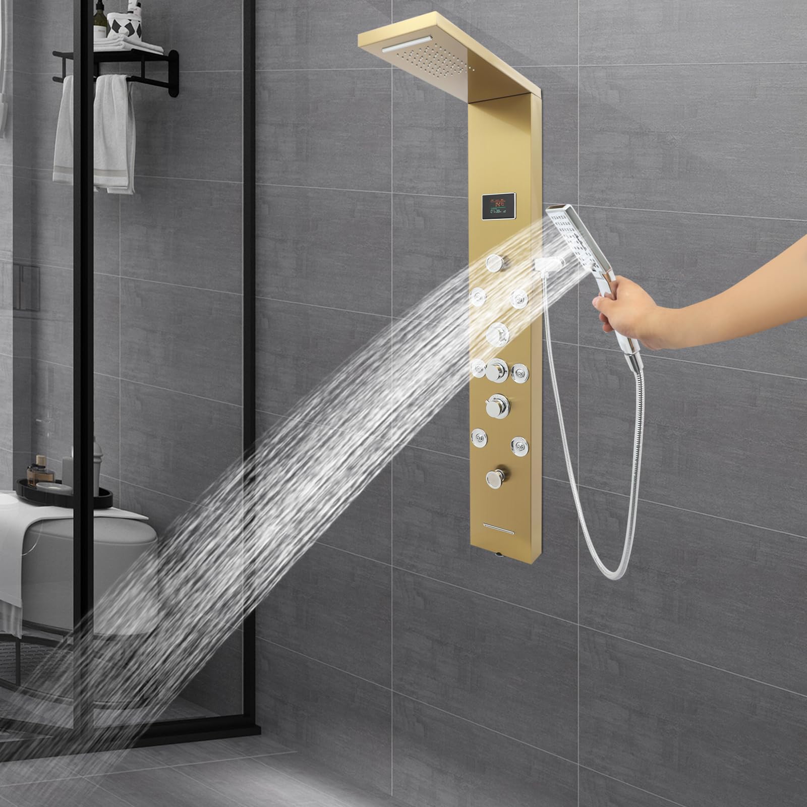 Pannello doccia per bagno, colonna doccia, 6 in 1, pannello doccia a LED, in acciaio inox 304, a cascata e a pioggia, ugelli massaggianti, indicatore di temperatura, montaggio a parete, oro