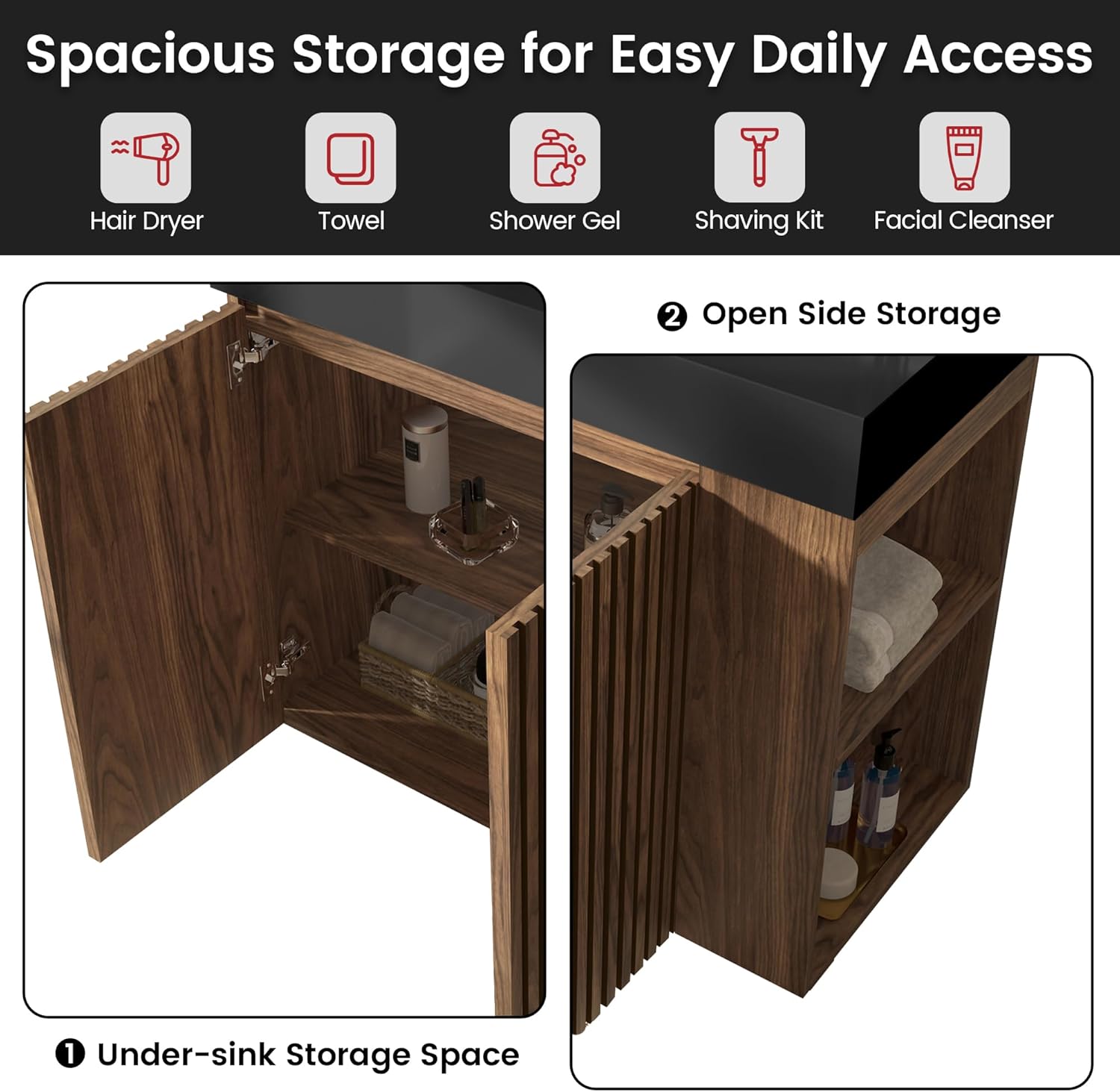 36" Bathroom Vanity with Sink, Freestanding Single Sink Bathroom Vanity with Black Engineered Stone Top & Open Side Storage, Soft-Closing Doors with Adjustable Shelf, Walnut