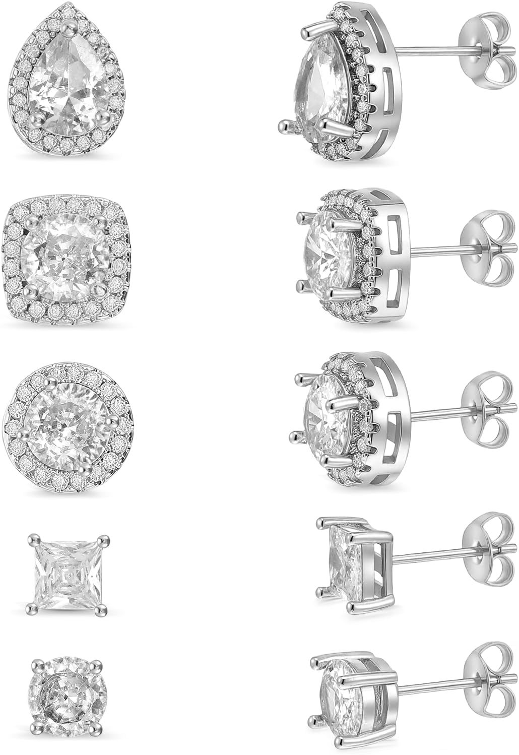 5Pairs Cubic Zirconia Earrings Studs Simulated Diamond Halo Stud Earrings Anti-Sensitive Cz Earring for Women Men
