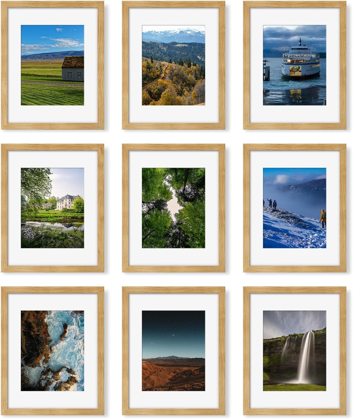 11x14 Picture Frame Set of 9, Photo Gallery Wall Frame Set, Display Pictures 8x10 with Mat or 11 x 14 Without Mat, Multi Photo Frames for Wall Mounting or Table Top Display, Natural Oak Natural Oak 11x14 in