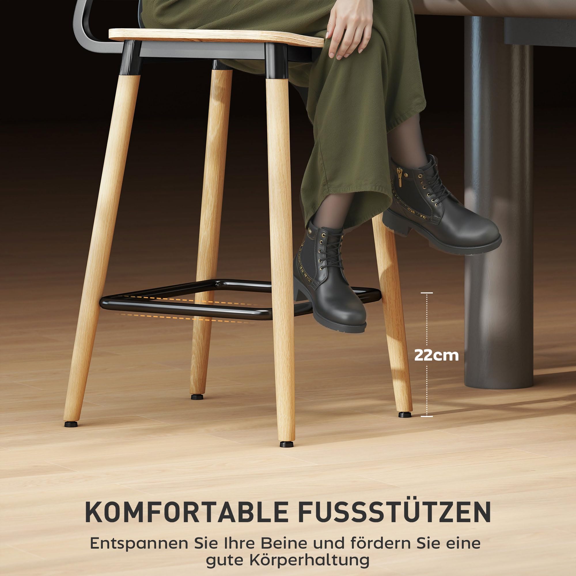 HOMCOM Barhocker 2er Set Barstuhl Tresenhocker mit Rückenlehne und Fußstütze, Küchenstühle mit Stahlbeine für Küche, Wohnzimmer, Esszimmer Natur