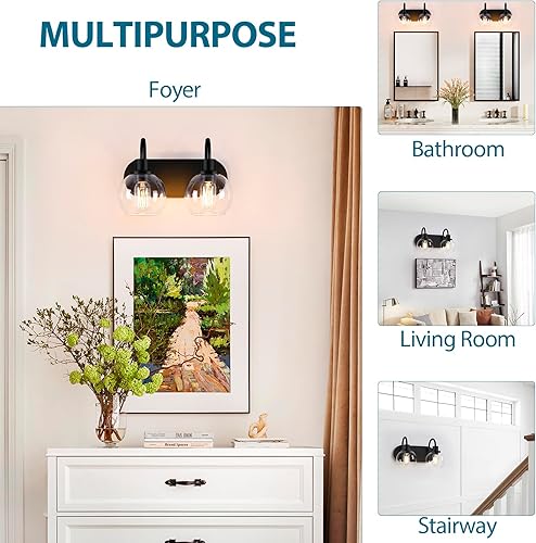 Miniatura 6 de Moderna lámpara de tocador de 2 luces, accesorio de iluminación de baño sobre espejo con pantalla de vidrio transparente y base de metal, negro mate