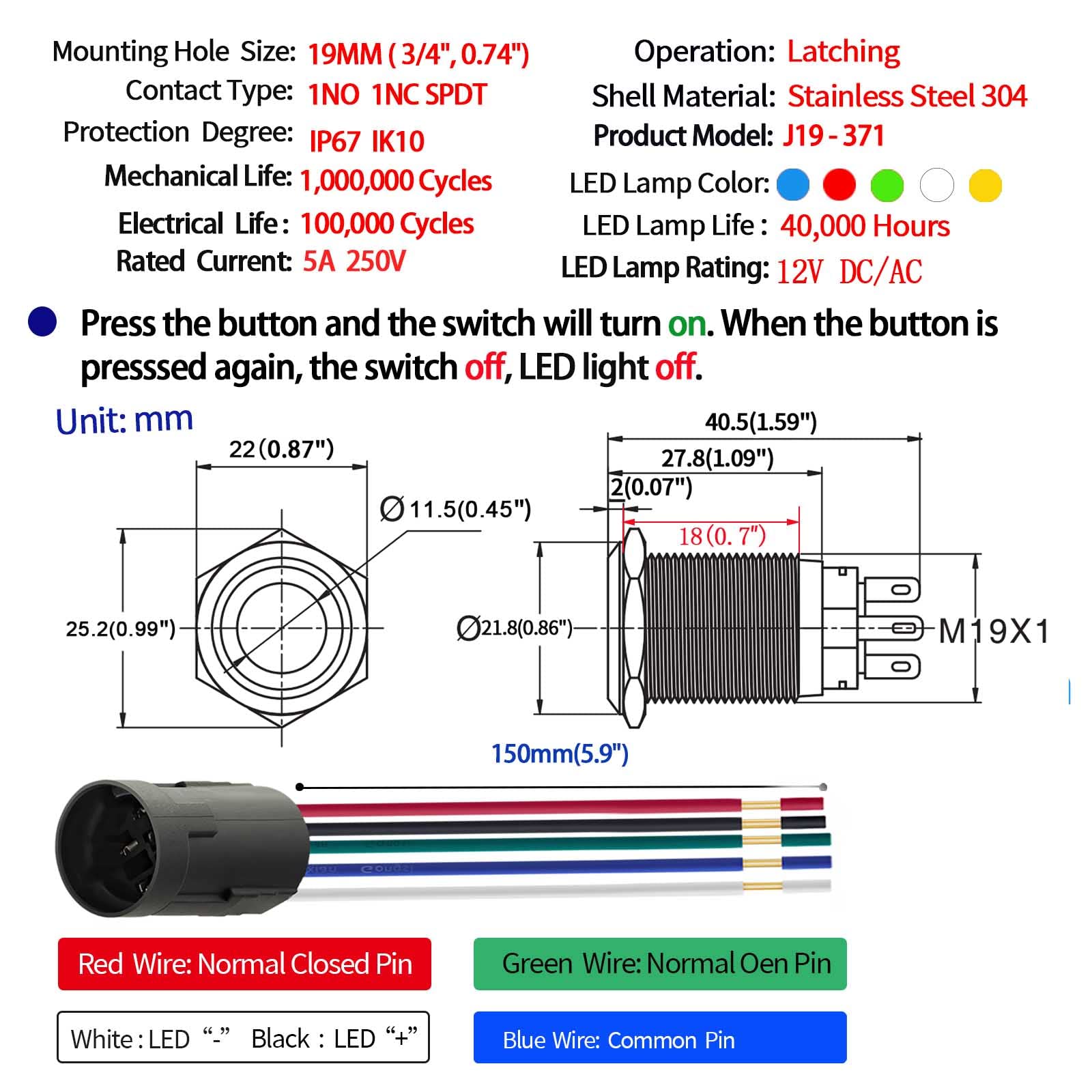 Snapklik.com : UL Certified 2PCS 19mm Latching Push Button Switch 12V ...