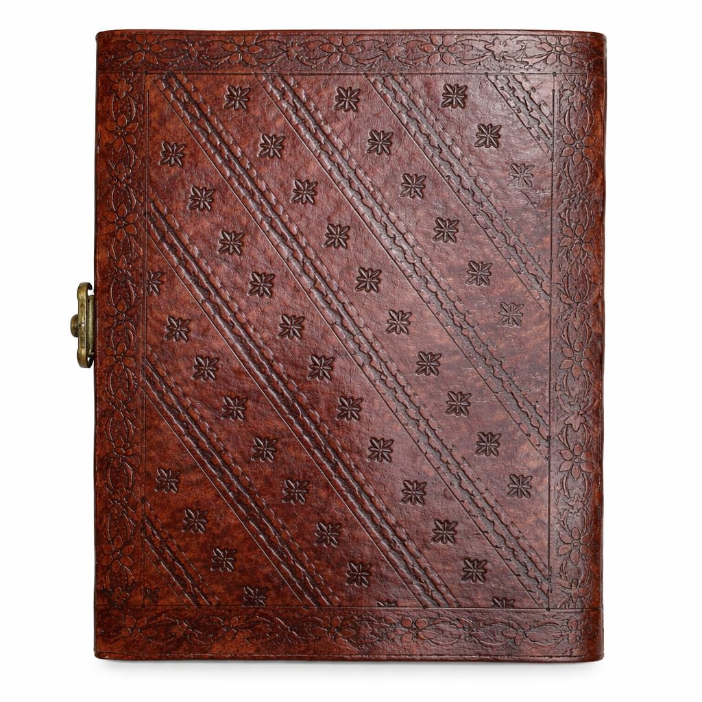 Carnet de croquis en cuir fait à la main avec 7 pierres précieuses chakra, grand carnet de dessin marron en relief, motif floral vintage, fermeture à fermoir en laiton, 200 pages vierges